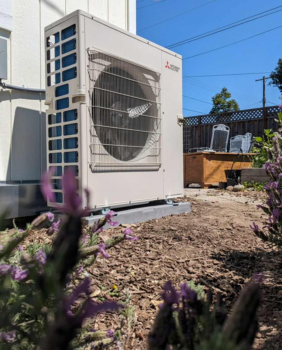 Completed outdoor heat pump installation beside a garden
