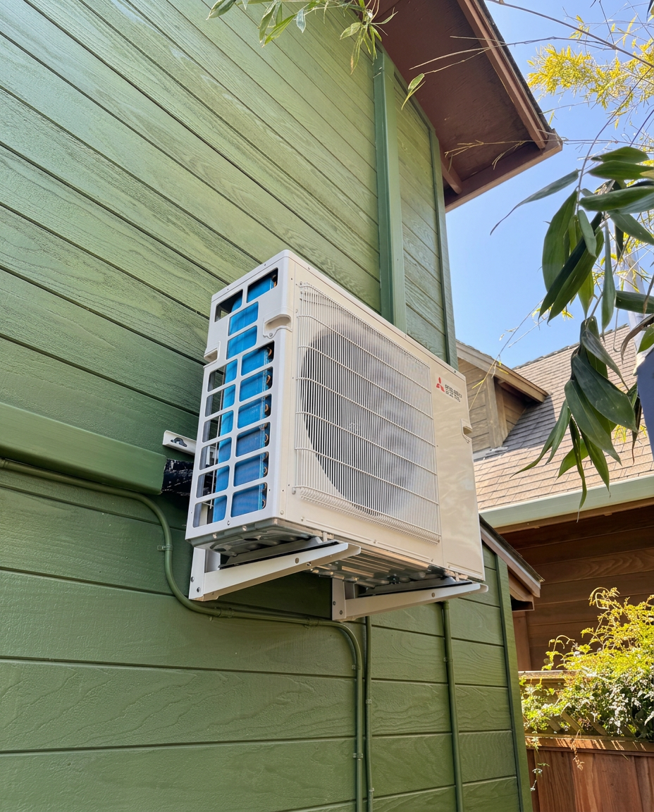 Completed wall-mounted outdoor heat pump installation