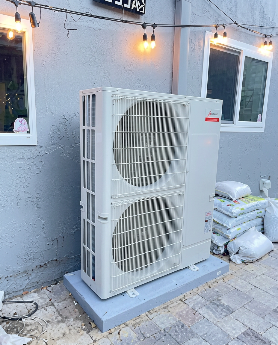 Completed dual-fan outdoor heat pump installation