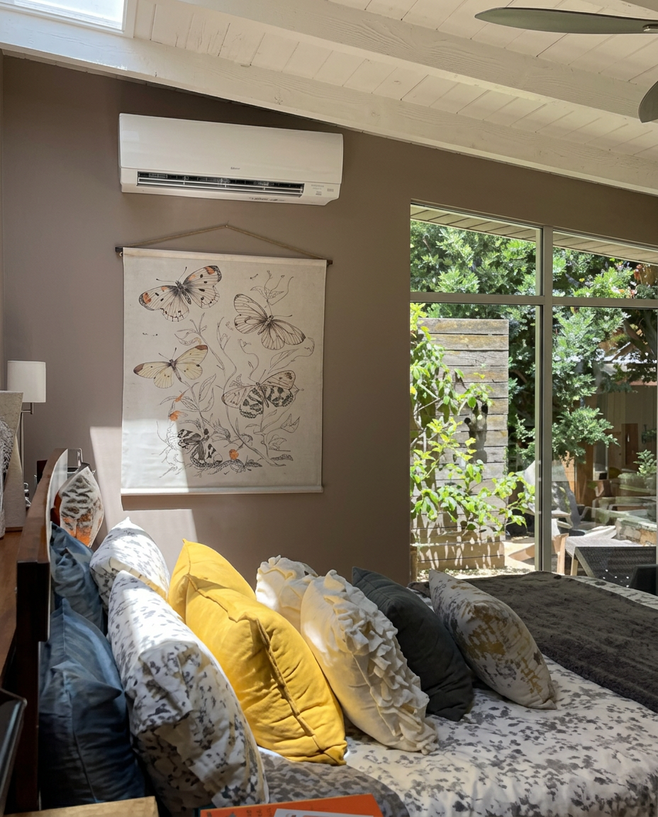 Completed indoor mini-split installation in a bedroom