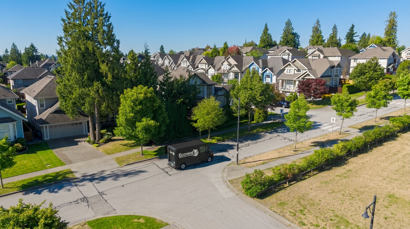 Ecovent service van driving through a residential neighborhood